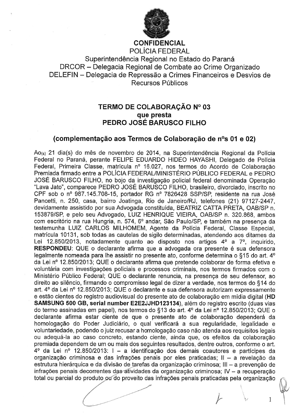 Abra PDF com o depoimento de Pedro Barusco Filho | 
