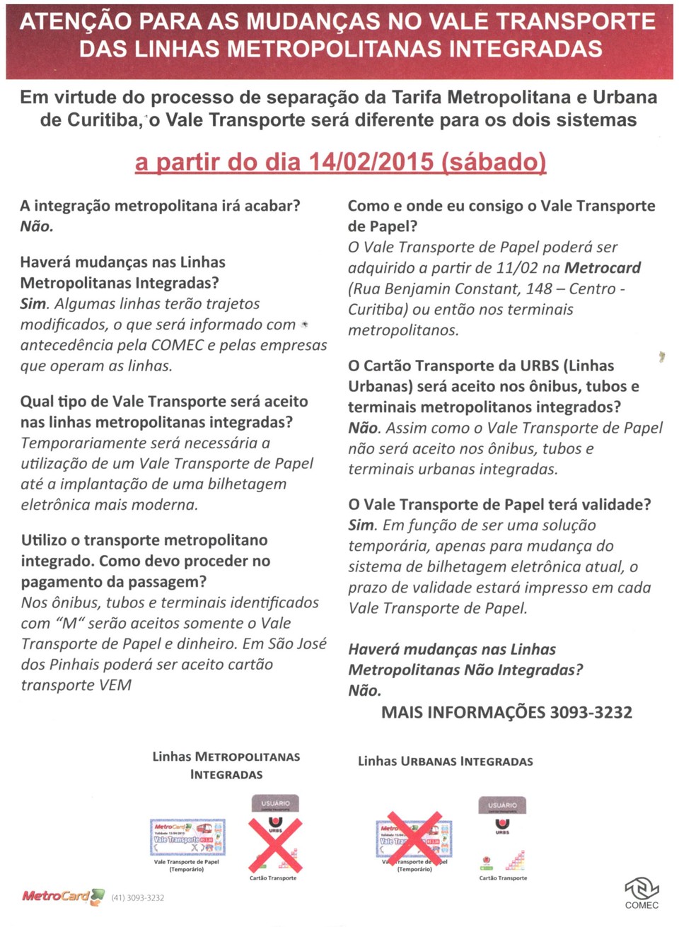 Folheto distribuído para os passageiros das linhas metropolitanas integradas informa sobre a mudança no cartão-transporte a partir de sábado (14) | Reprodução