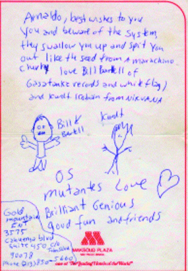 Kurt Cobain deu conselhos a ex-Mutante- Dias antes da apresentação que o Nirvana faria no Morumbi, em São Paulo, em janeiro de 1993, o músico Bill Bartell apresentou o som dos Mutantes para Kurt Cobain, que gostou do que ouviu e se interessou pela banda. Kurt queria um encontro, mas Baptista estava em Minas Gerais. O líder do Nirvana, então, usou um papel de carta do hotel onde estava hospedado para escrever um bilhete, a ser entregue via Bill Bartell.[|**|]