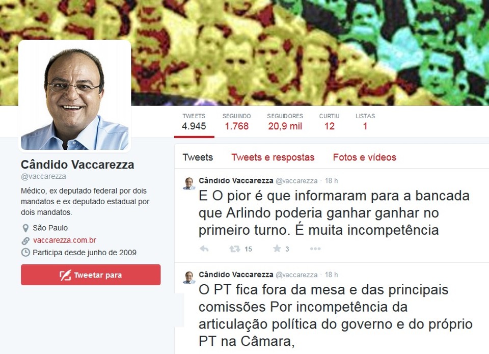 O perfil do ex-deputado Cândido Vaccarezza: "muita incompetência" | Reprodução / Internet