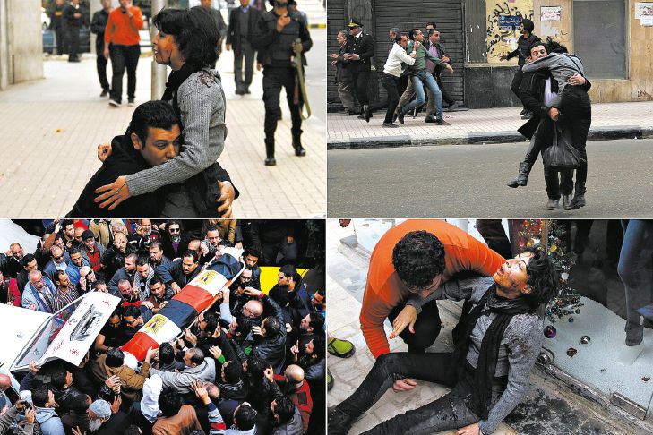 A morte de Shaimaa el-Sabbagh no dia 24 de janeiro foi capturada em fotos e vídeos; esquerda, seu funeral no dia seguinte |