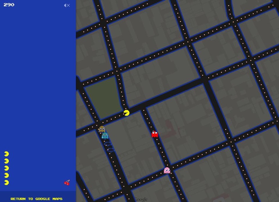 Região central de Curitiba, nas imediações da Praça Carlos Gomes, “transformada” em tela do Pac-Man | /Reprodução
