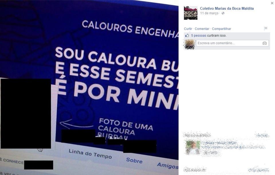 Denúncia do Coletivo Marias da Boca Maldita mostra qual a imagem as calouras foram obrigadas a colocar em suas redes sociais | Reprodução/Facebook