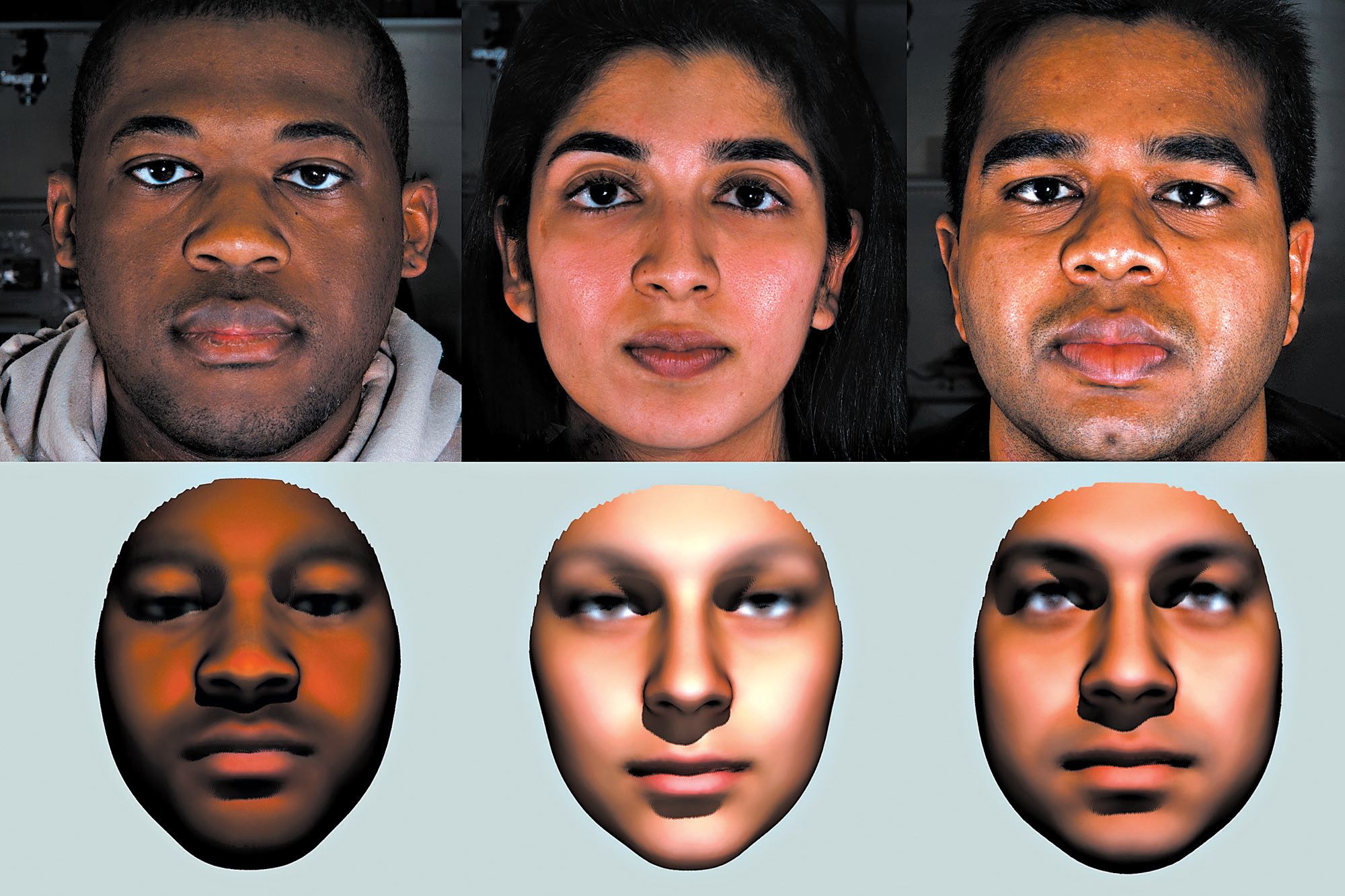 Acima, fotografias de voluntários e imagens computadorizadas criadas com base no DNA de cada um deles por Mark Shriver | MARK D. SHRIVER /PENNSYLVANIA STATE UNIVERSITY