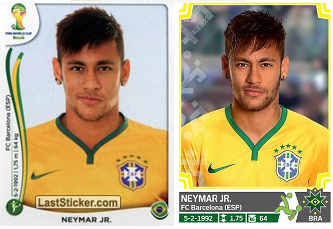 Neymar da Copa América (à direita) tem barba e tatuagem na mesma fotografia do álbum do Mundial | Reprodução