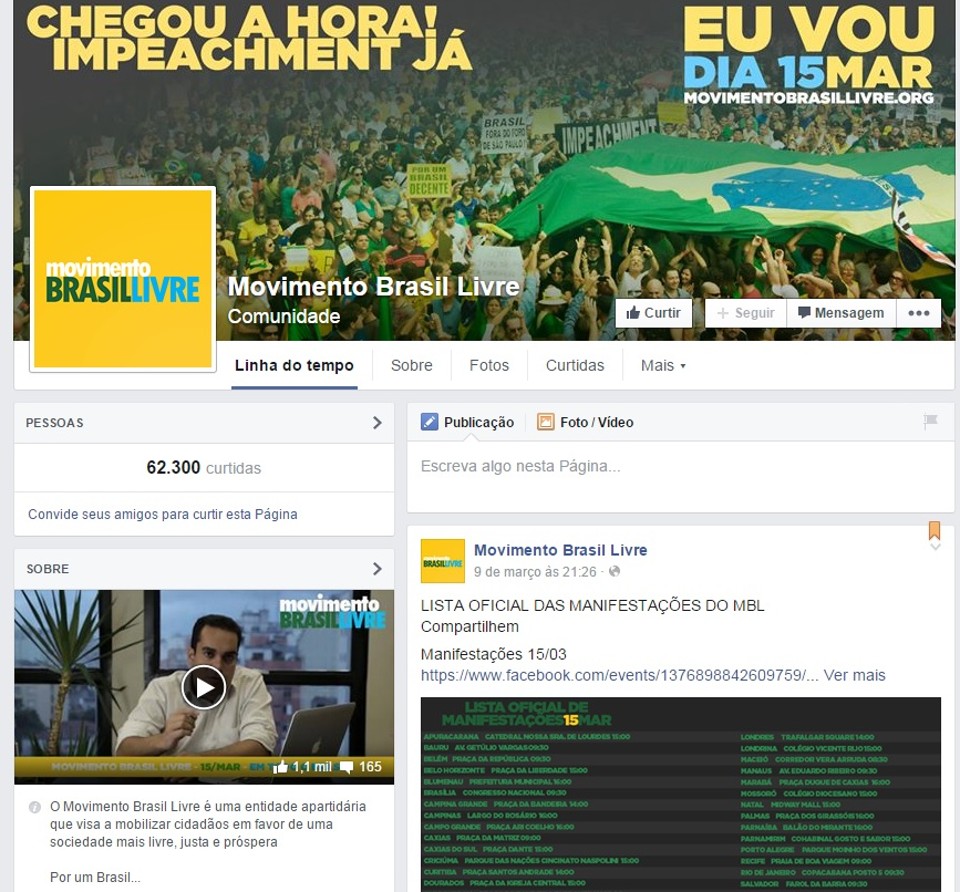 Na página do Movimento Brasil Livre, favorável à cassação de Dilma Rousseff, há uma lista com os locais dos protestos. Estão listadas 51 cidades do Brasil e Sidney, na Austrália | Divulgação/Internet