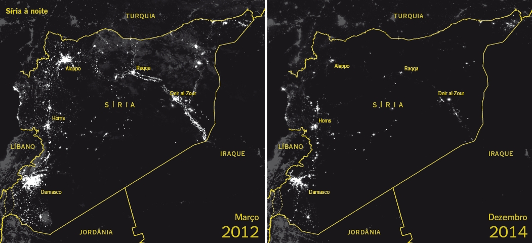 Fotografias de satélite mostram que as luzes noturnas da Síria diminuíram 83% com a guerra. Migrações forçadas, blecautes e destruição da infraestrutura do país são as principais razões desse declínio | /