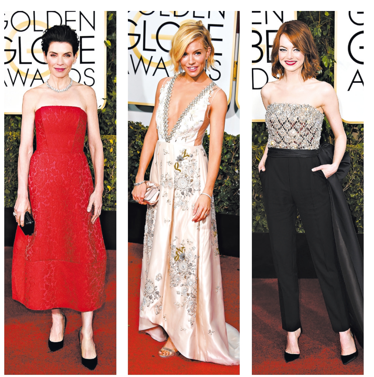 Da esquerda para a direita: Julianna Margulies, Sienna Miller e Emma Stone na cerimônia do Globo de Ouro | À esq. e dir., Jordan Strauss/Invision/AP; no centro, Mark Ralston /AFP/Getty Images/