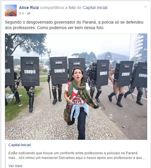 A poeta Alice Ruiz publicou uma foto da manifestação no perfil oficial no Facebook . | Reprodução/