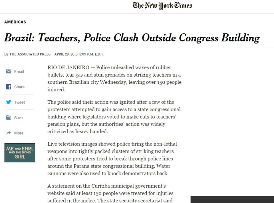 Violência em Curitiba é assunto de jornais internacionais Violência policial contra professores foi destaque no New York Times | /