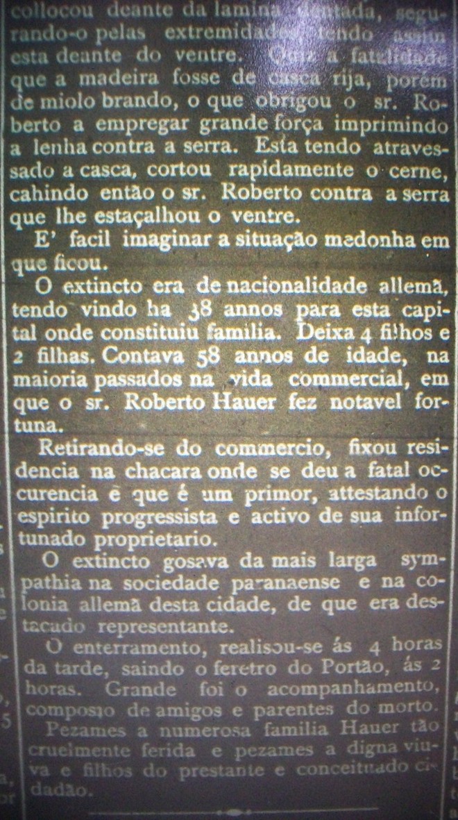 Informe sobre a morte de Roberto Hauer, em 1908, vítima de um acidente de trabalho em uma serra circular. Recorte de 14 de julho de 1908. | Reprodução