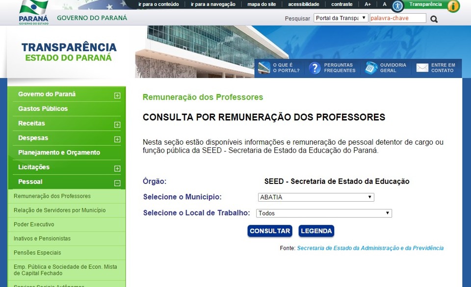 Em meio à queda de braço, governo do Paraná destaca lista de salários de professores no site O governo do estado informou que a decisão foi tomada para atender à demanda de ligações que tem recebido de todo o estado, com questionamentos a respeito “do verdadeiro salário dos professores”. | Reprodução/Internet