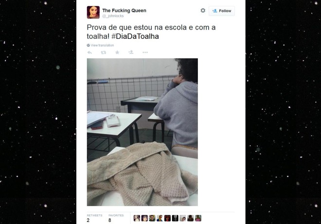 Internauta levou sua toalha para a escola para comemorar o #diadatoalha | 