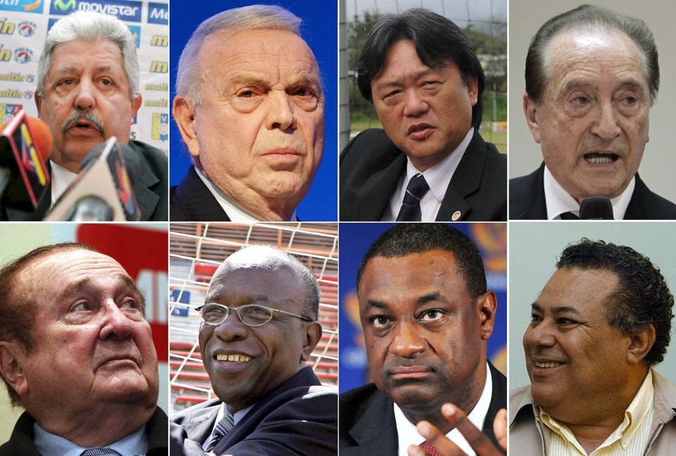 Oito dos indicados: Rafael Esquivel, José Maria Marin, Eduardo Li, Eugenio Figueiredo, Julio Rocha, Jeffrey Webb, Jack Warner e Nicolás Leoz (o único da imagem a não ter sido preso nesta quarta-feira). | /EFE