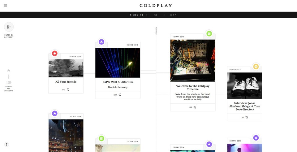 Linha do tempo no site do Coldplay | Reprodução/