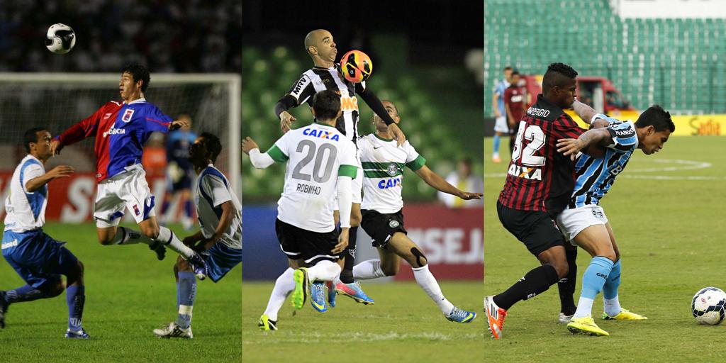Cenas de estreias paranaenses: Paraná em 2008, Coritiba em 2013 e Atlético em 2014. |