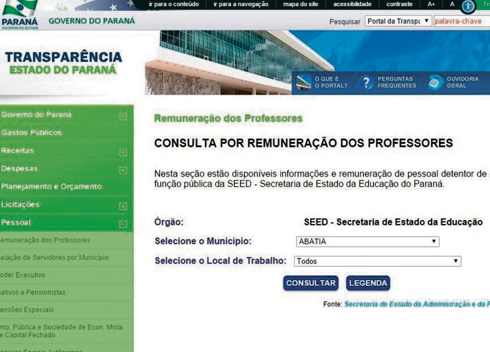 Portal do governo estadual agora tem um link chamado ‘Remuneração dos Professores’. | Reprodução da internet