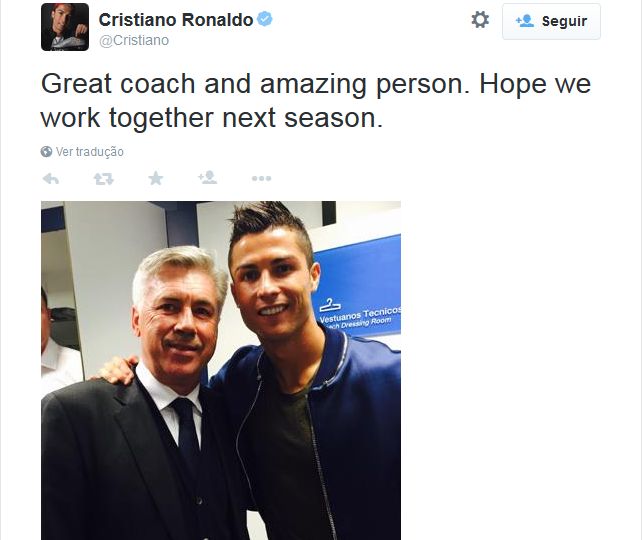 Jogador tuítou foto e mensagem de apoio ao treinador Carlo Ancelotti | Twitter/Reprodução