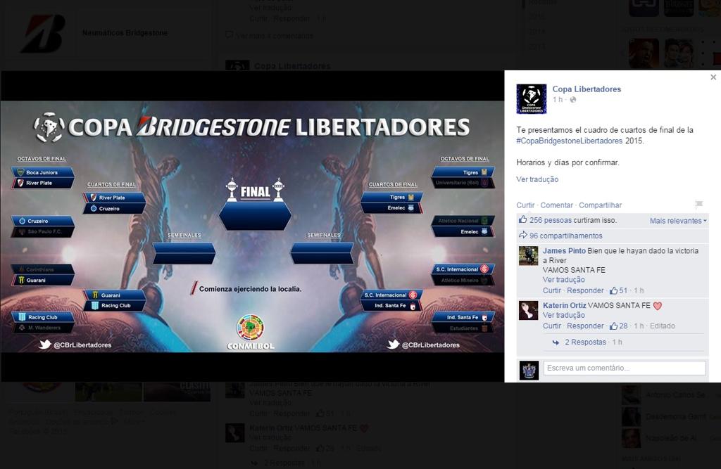 Imagem indica o confronto entre Cruzeiro e River Plate nas quarta de final da Libertadores, eliminando o Boca Juniors. | Facebook/Reprodução