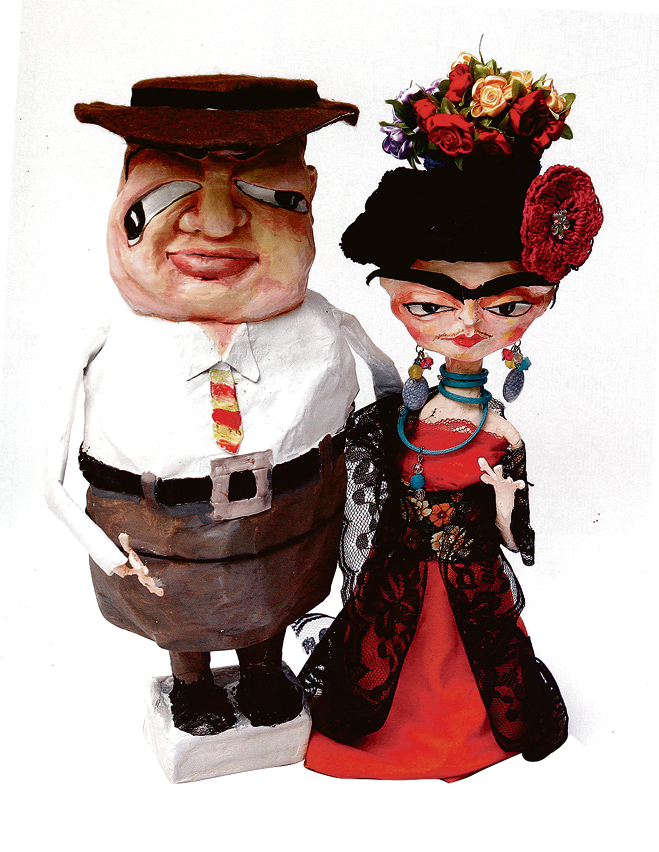 Esculturas de Frida Kahlo e Diego Rivera: imagens do livro retratam caricaturas antigas e recentes, nacionais e internacionais. | Reprodução