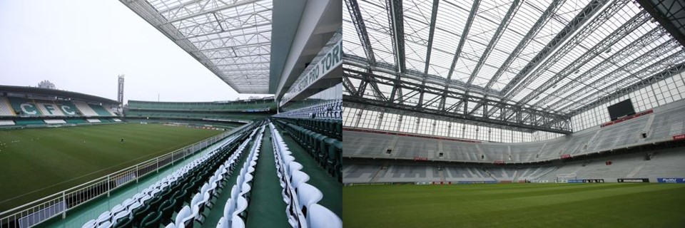 Couto Pereira e Arena da Baixada, os dois principais estádios do futebol paranaense. | Giuliano Gomes (Couto) e Marcelo Andrade (Arena)/Gazeta do Povo