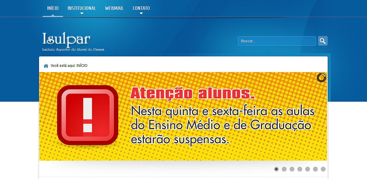 Aviso no site da instituição orienta os alunos de que não haverá aula nos próximos dias | Reprodução