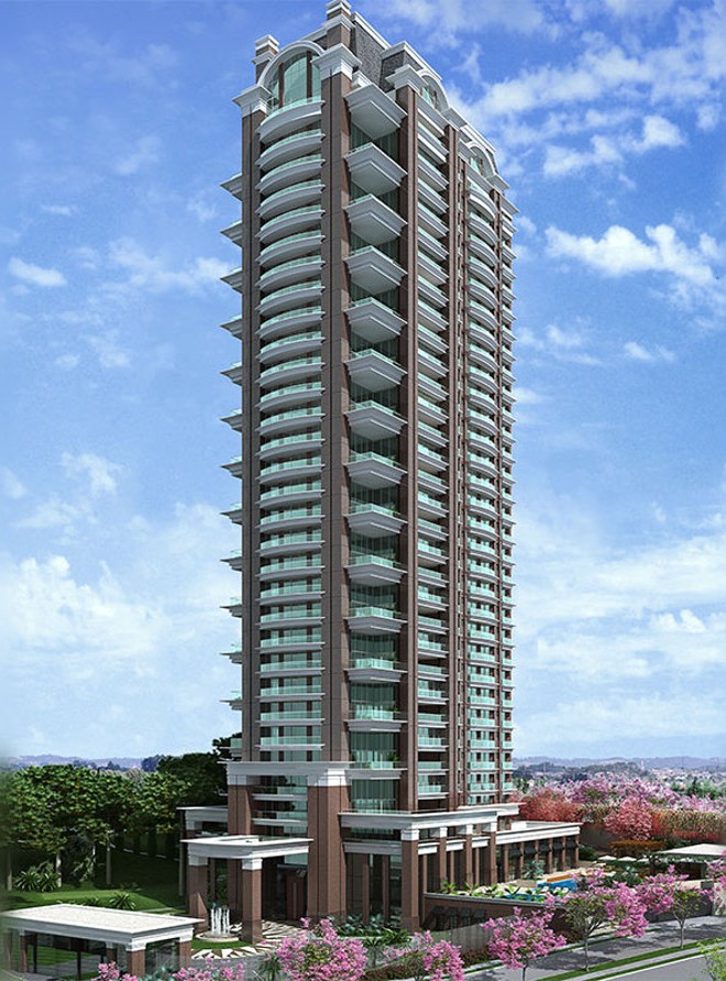 PALAZZO LUMINI : localizado em uma das regiões mais nobre de Curitiba, o Ecoville – codinome mercadológico do bairro Mossunguê – o Palazzo Lumini é tido como o empreendimento imobiliário mais ousado de Curitiba. O preço das unidades, que parte dos R$ 14,5 milhões, é apenas um dos detalhes que chama a atenção no projeto da construtora San Remo. O prédio conta com 29 apartamentos tipo padrão com 874 m² de área privativa e 1,4 mil m² de área total, além de uma cobertura duplex. As unidades, que tem seus projetos arquitetônicos totalmente personalizáveis, contemplam cerca de 40 ambientes entre suítes, piscina privativa e pet room ou quarto para o cachorro. Heliponto, campo de golfe, gastronomia 24 horas com menu assinado pelo chef Celso Freire e salão de beleza são alguns dos espaços comuns do empreendimento. | (Imagem/Divulgação)