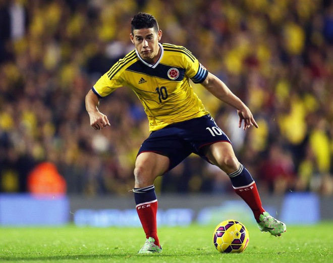 JAMES RODRÍGUEZ. Autor do mais belo gol da Copa de 2014, James encaixou-se rapidamente no time do Real Madrid. De volta à seleção, é dos pés do camisa 10 que a Colômbia espera os passes para vencer jogos e a Copa América. | Bryn Lennon/Getty Images