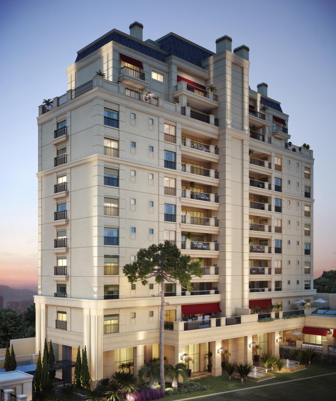 DOM BATEL: o número reduzido de unidades também é uma das marcas do Dom Batel, empreendimento da construtora Cyrela no bairro de mesmo nome. Voltado para famílias de alto poder aquisitivo, o prédio terá 18 unidades exclusivas, que unem o padrão luxo à localização privilegiada, na Alameda Dom Pedro II. Construído em torre única, o empreendimento terá dois apartamentos por andar com elevadores sociais privativos e preços que partem dos R$ 2,6 milhões. Os 16 apartamentos tipo padrão têm 233 m² privativos, com três ou quatro dormitórios e vagas de garagem. As duas coberturas duplex medem 309 m² privativos e contam com mais 89 m² de terraço, além de quatro vagas de estacionamento. Os espaços comuns contemplam sauna seca, piscina coberta e aquecida com raia de 24 metros e espaço gourmet. | (Imagem/Divulgação)