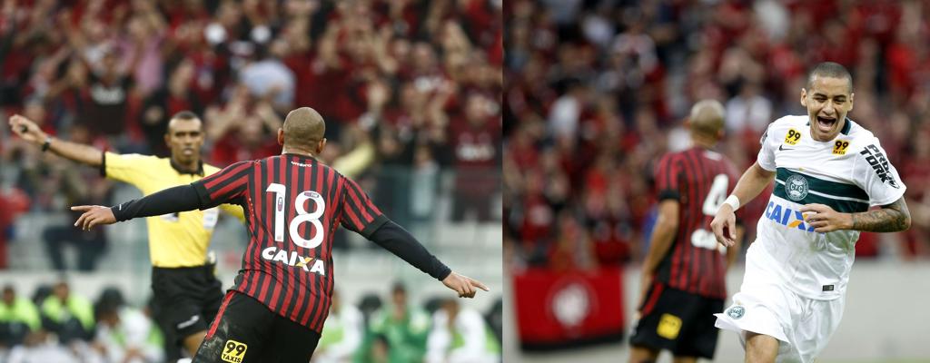 Walter e Wellington Paulista balançaram a rede no primeiro Atletibaq da nova Arena. | Hugo Harada/Gazeta do Povo e Daniel Castellano/ Gazeta do Povo