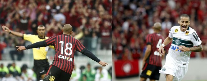 Walter e Wellington Paulista balançaram a rede no primeiro Atletibaq da nova Arena. | Hugo Harada/Gazeta do Povo e Daniel Castellano/ Gazeta do Povo
