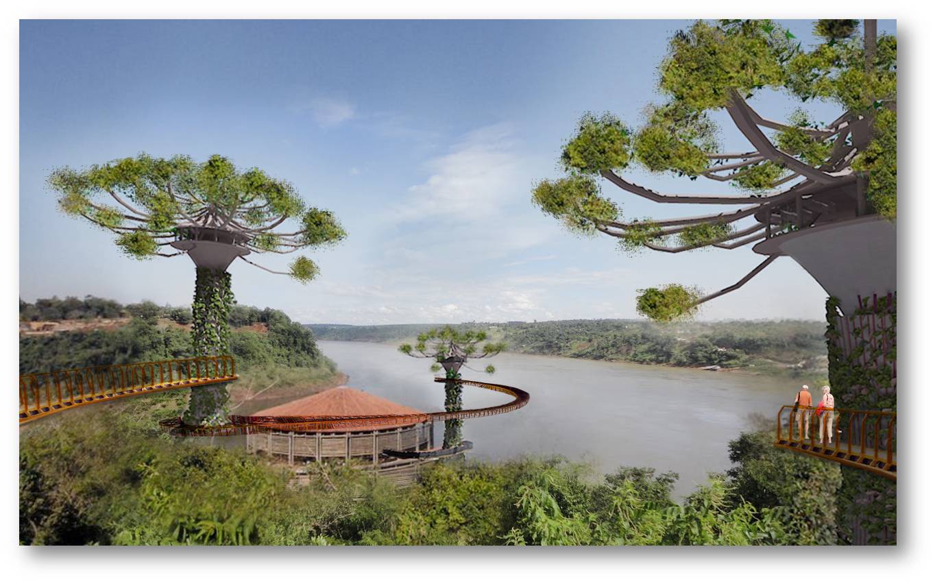 Concepção artística de como ficaria o espaço do Marco das Três Fronteiras após a revitalização, com araucárias de concreto interligadas por passarelas | Divulgação