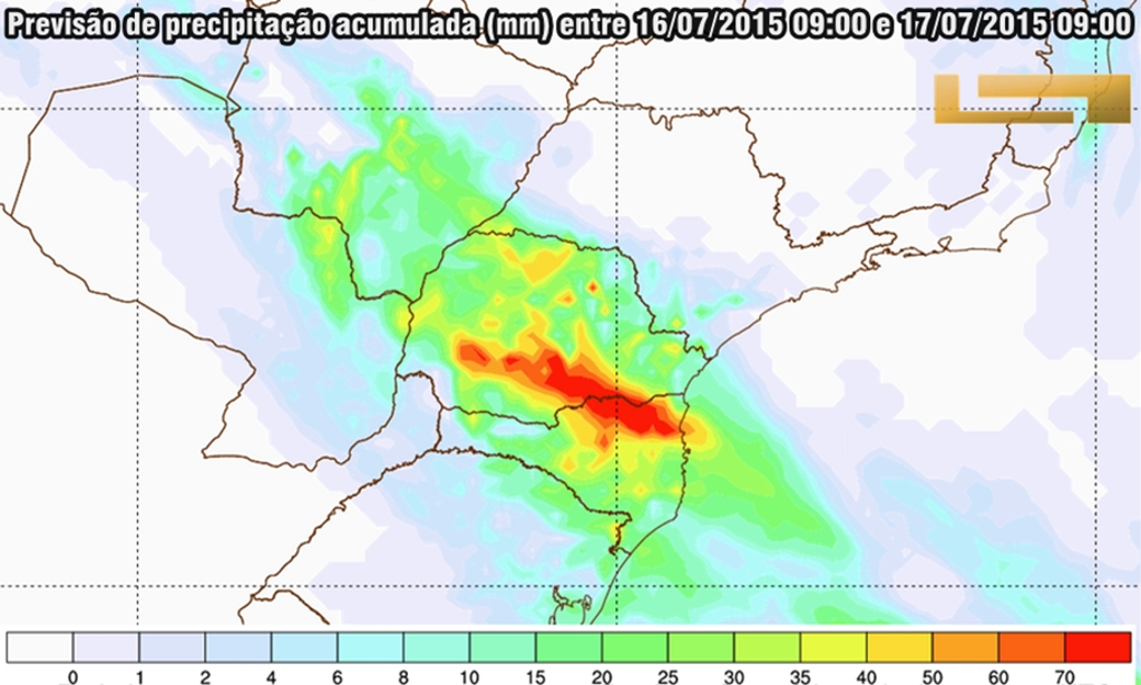 Na bacia do Rio Iguaçu, a previsão é de chuva intensa nas próximas horas. | Simepar/Divulgação