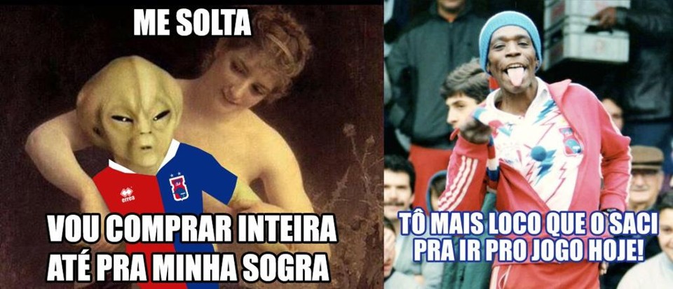 Versão tricolor de meme sobre quadro francês e o velho Saci, figura fácil das arquibancadas nos anos 90: bom humor na rede. | Reprodução/Facebook