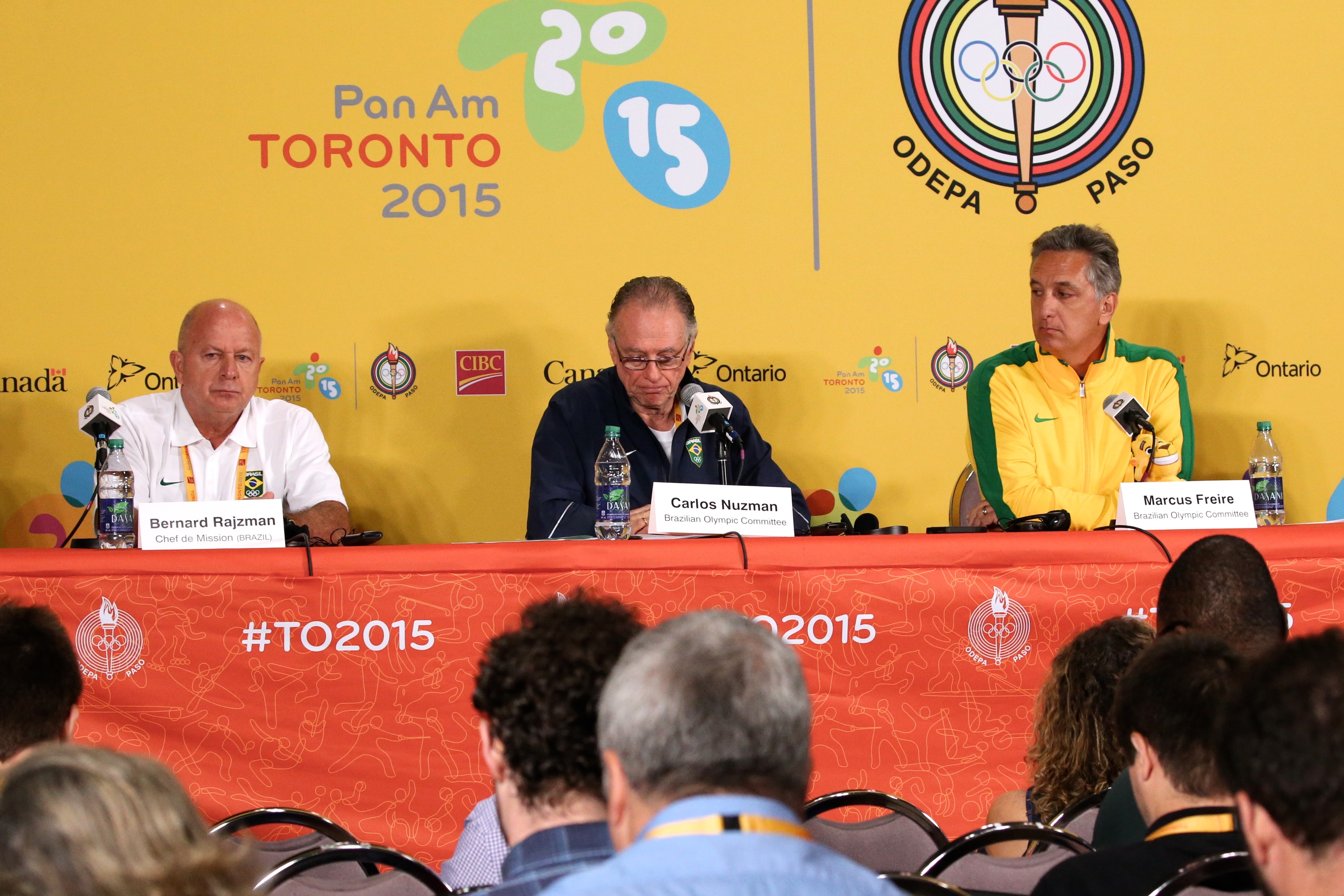 O presidente do COB Carlos Arthur Nuzman, o chefe da Missão Brasileira Bernard Rajzman e o diretor executivo de Esportes Marcus Vinícius | Eduardo Rocha/Exemplus/COB