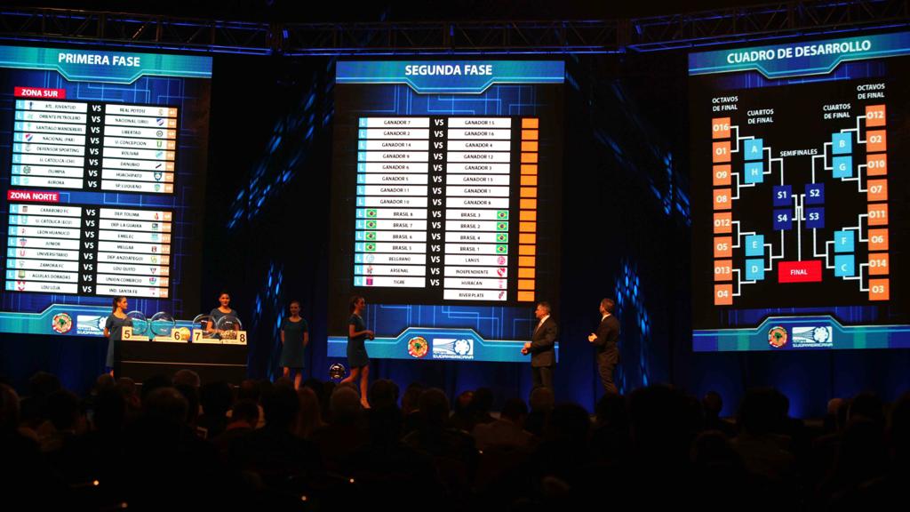 Visão geral do painel com o sorteio da Sul-Americana: clubes brasileiros entram na segunda fase, mas ainda não sabem quem enfrentam. | Andrés Cristaldo/EFE