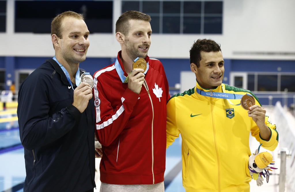 Ryan Feeley (prata), dos Estados Unidos, Ryan Cochrane (ouro), do Canadá, e Leonardo de Deus  (bronze), do Brasil