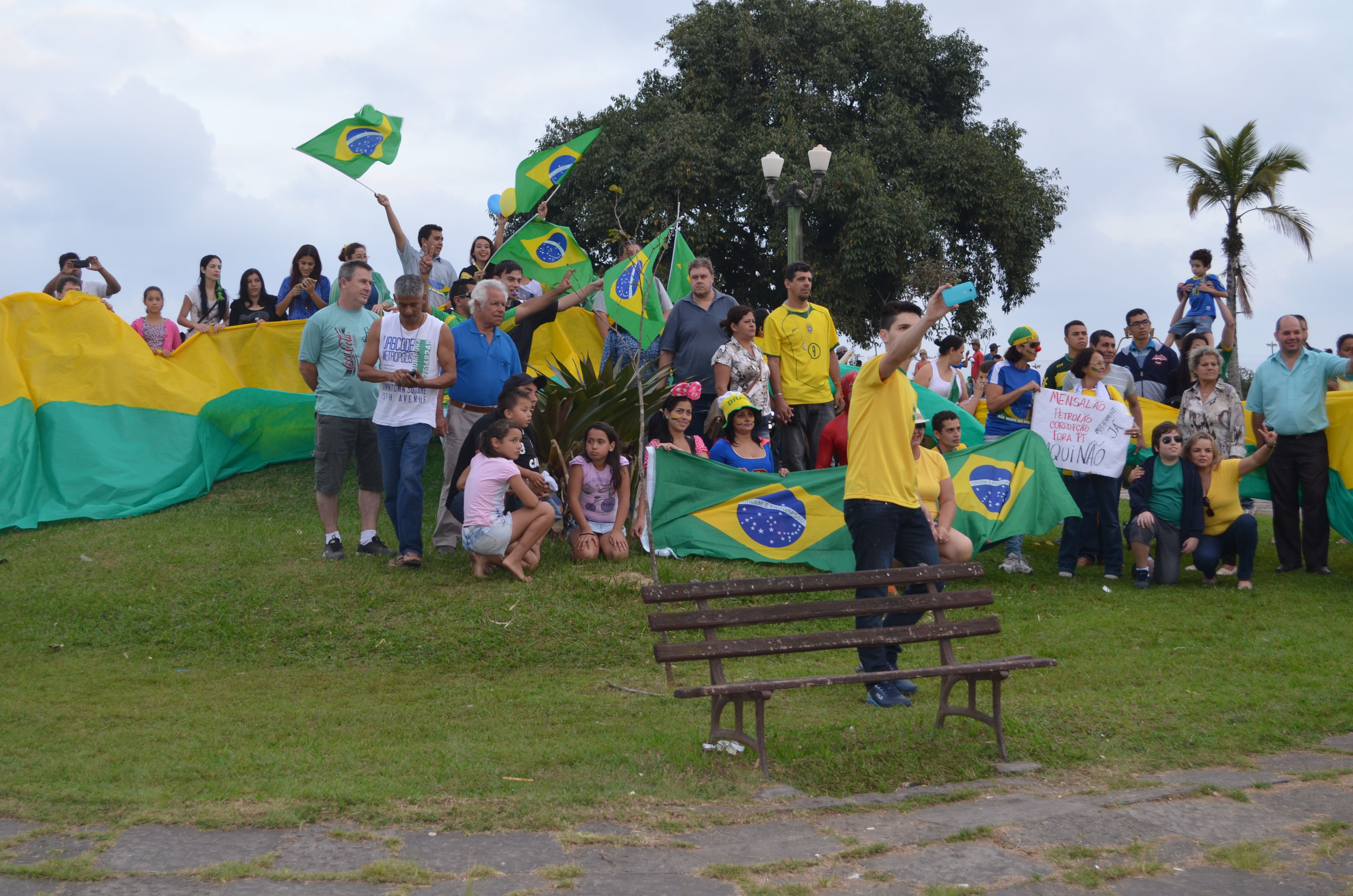 Bandeira o Brasil e camisa da seleção brasileira deram o tom da manifestação em Paranaguá. | Débora Mariotto Alves/Gazeta do Povo