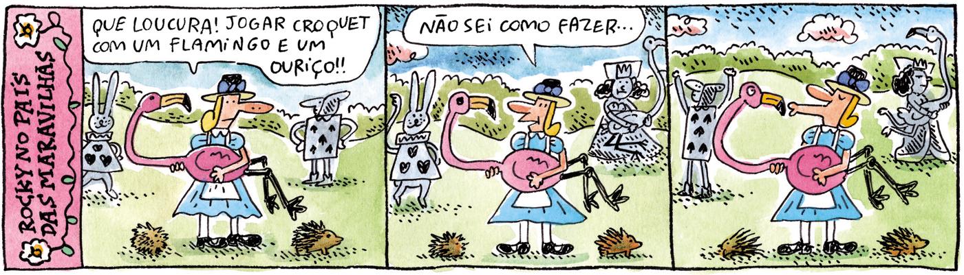 “Rocky no País das Maravilhas”, tira em que Adão parodia o mundo criado por Lewis Carroll. | Reprodução