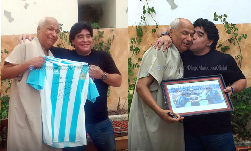 o árbitro Ali Bennaceur e Maradona juntos na Tunísia. Ex-craque registrou reencontro em sua página pessoal no Facebook. | Reprodução/Facebook