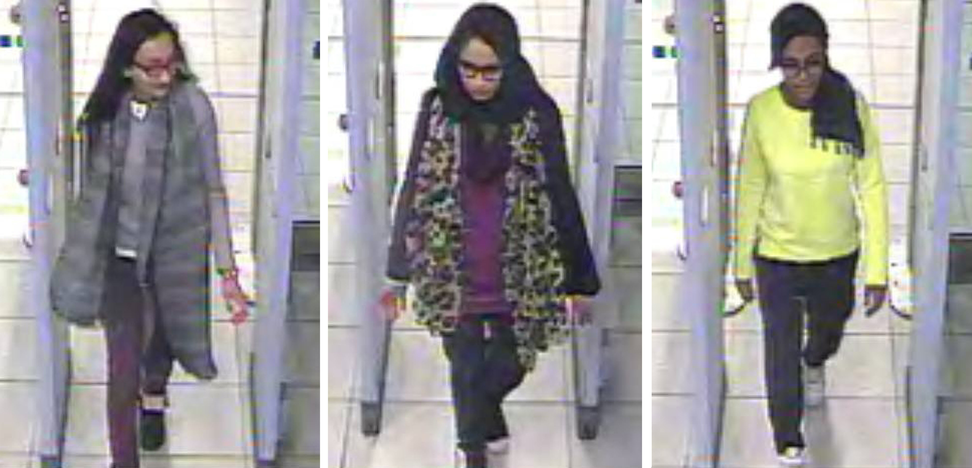 A partir do alto: Khadiza Sultana, Shamima Begum e Amira Abase no aeroporto de Gatwick | Andrew Testa / The New York Times