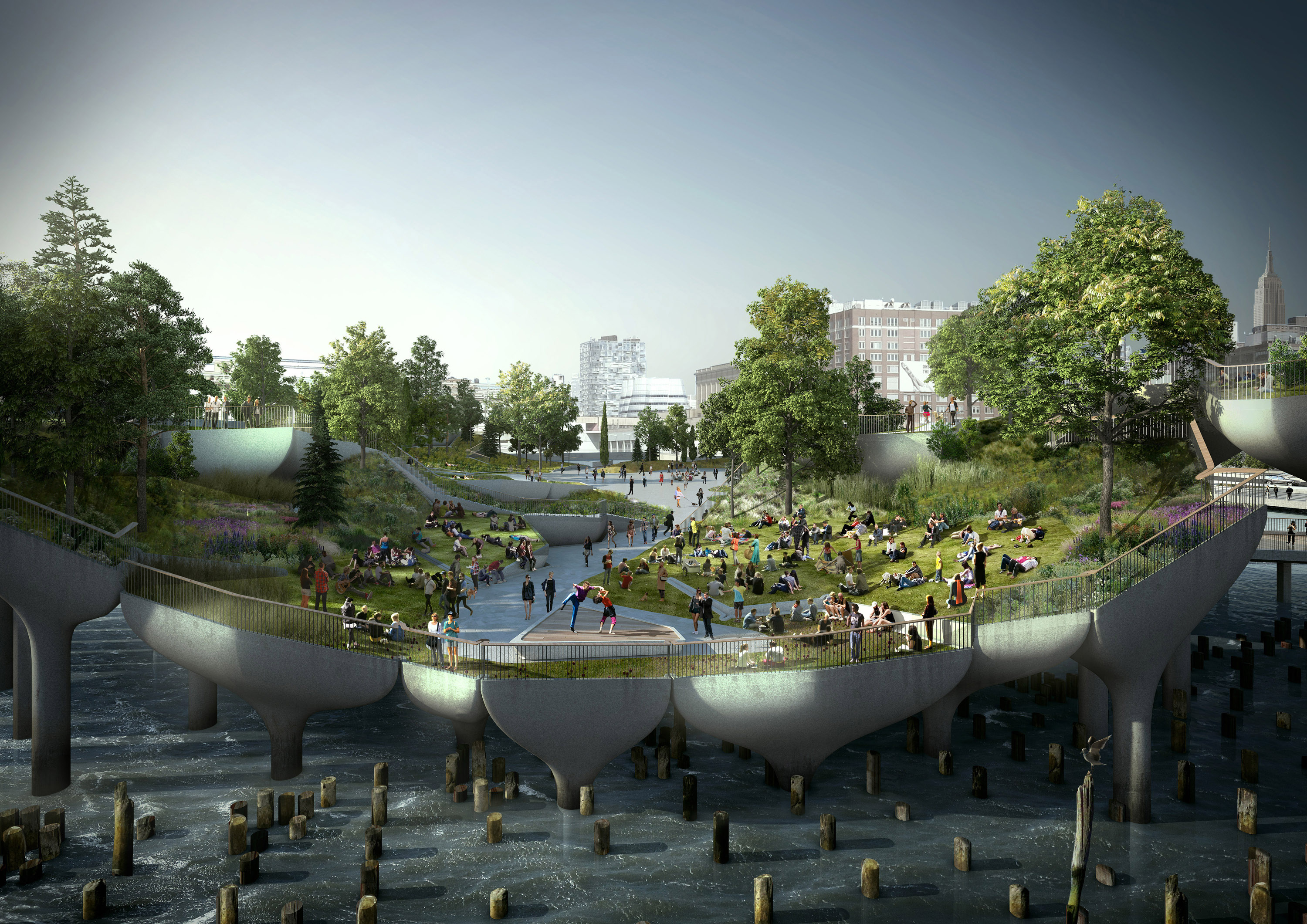 Representação artística do projeto de Thomas Heatherwick para renovação de píer no rio Hudson, em Nova York (EUA) | Pier55 Inc./Heatherwick Studio