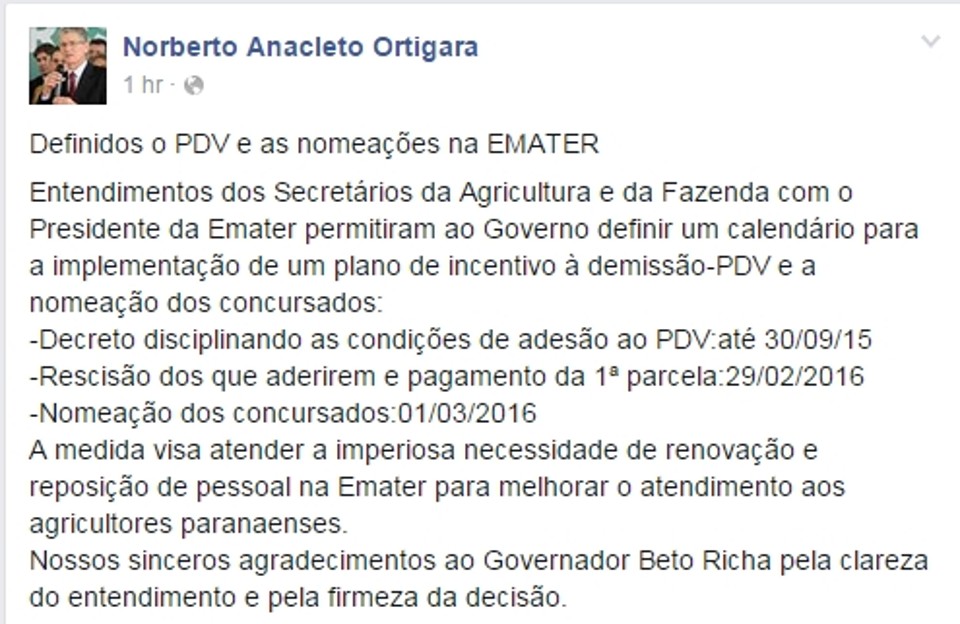 Posicionamento oficial sobre concurso da Emater foi feito nesta quarta-feira por meio de rede social. |