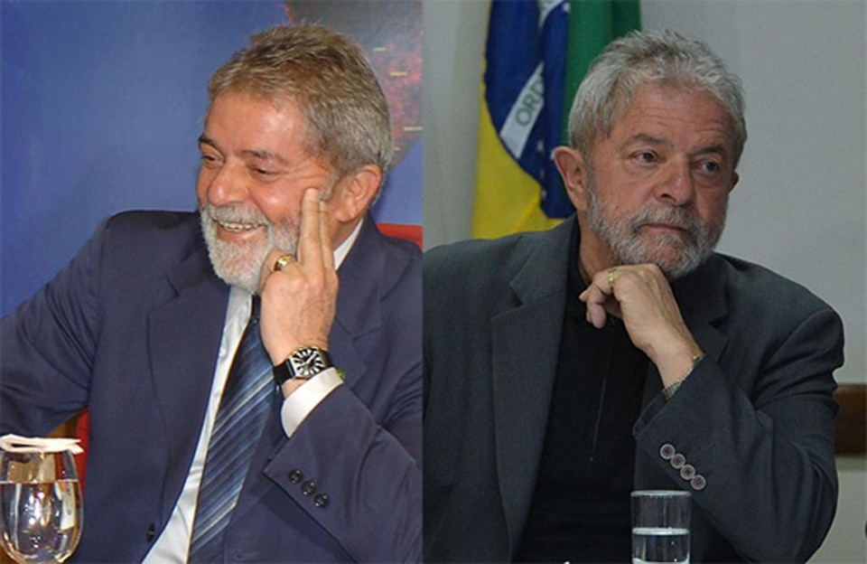Lula em 2008, quando o Brasil recebeu o selo de ‘bom pagador’, e em 2015. | José Cruz e valter Campanato/Agência Brasil