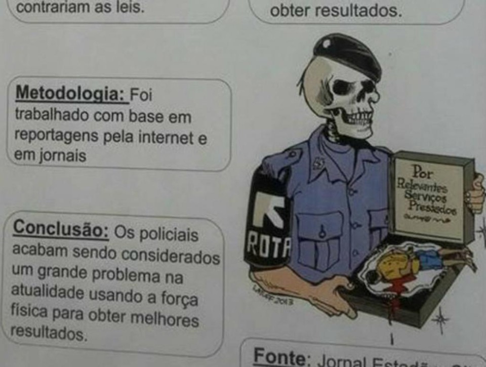 Trabalho traz imagem de uma caveira com uniforme da Rota e referência à violência policial | /Reprodução