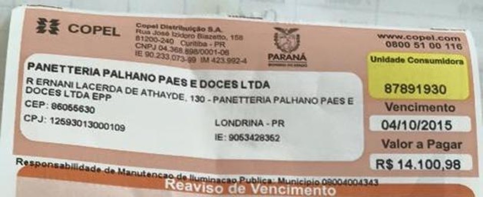 Do total da fatura, R$ 4 mil são apenas em impostos. | Reprodução / acervo pessoal Paneteria Palhano