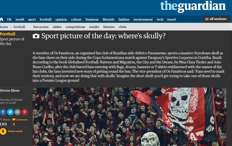 Caveira do Atlético é a imagem do dia do principal jornal da Inglaterra Reprodução do site do The Guardian com a nota sobre a caveira do Atlético. | /