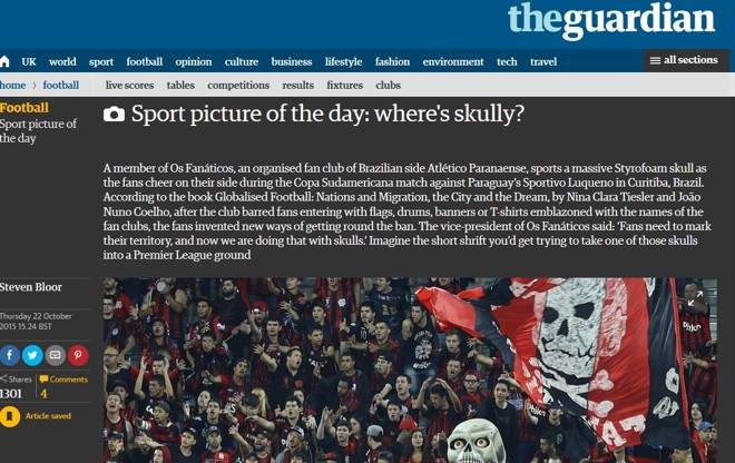 Reprodução do site do The Guardian com a nota sobre a caveira do Atlético. | /