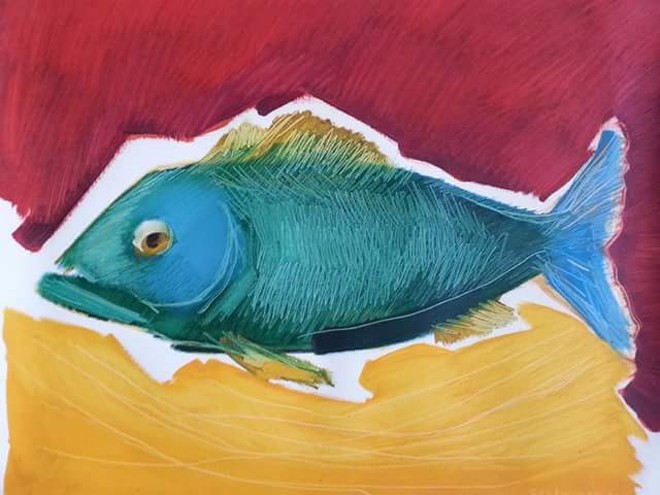 Os peixes - pintura colorida, não raro monumental, mesclava técnicas - o que inclui o bordado. | Acervo família Nocera Paulin