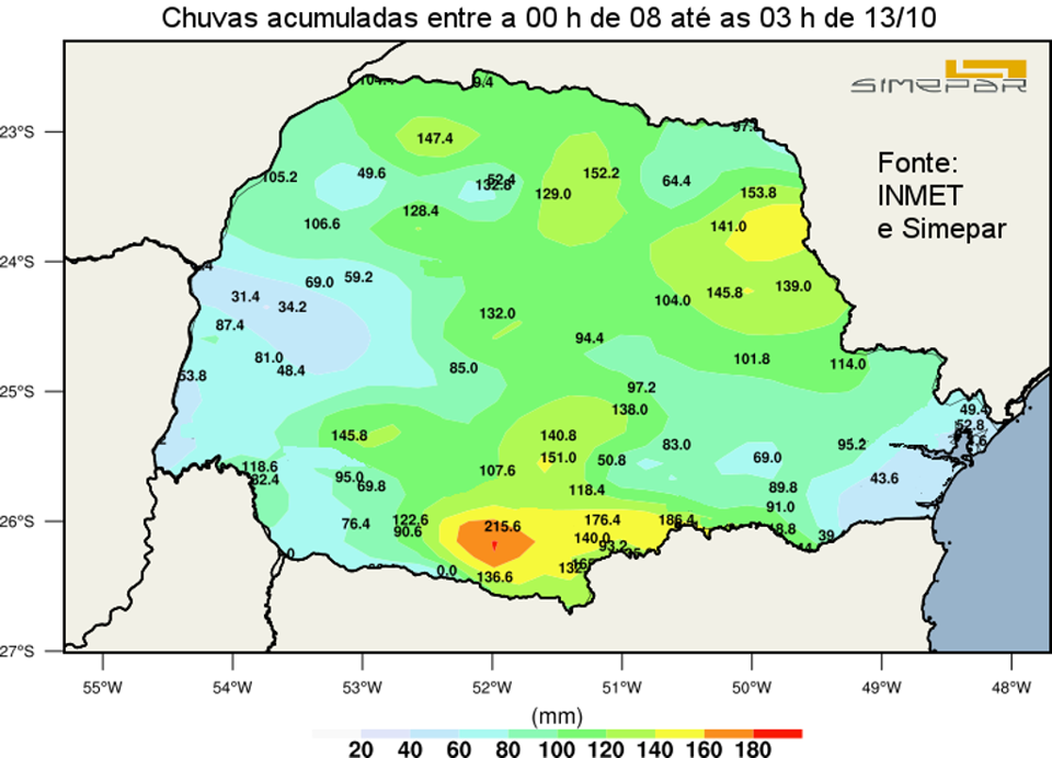 Levantamento do Simepar indica que em boa parte do Paraná choveu mais de 100 milímetros (o que é bastante) do dia 8 ao dia 12 de outubro. O destaque ficou com Palmas, com 215,6 mm. | Simepar/Divulgação